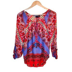 Hale Bob Silk Boho Peasant Tunic Top Womens Size XS Patchwork Festival Hippie